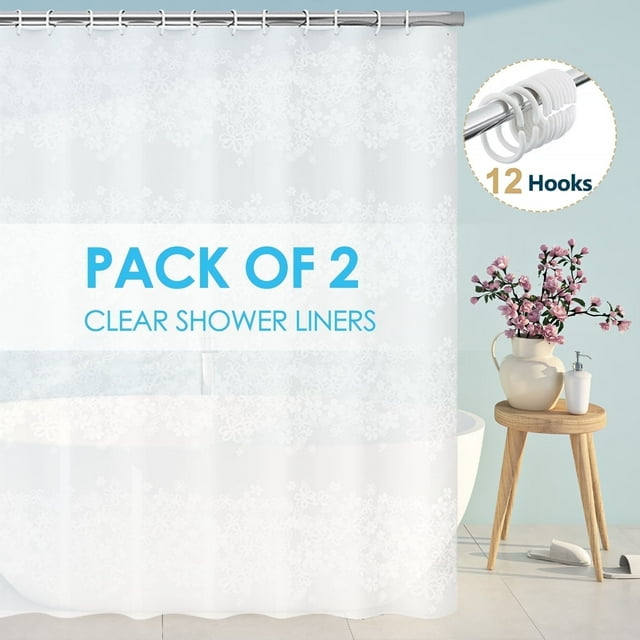 Dznils Cortina de Ducha Extra Larga de PEVA Transparente con Ganchos Resistente a los Hongos, 70" Ancho x 78" Alto, Blanco Floral, Paquete de 2