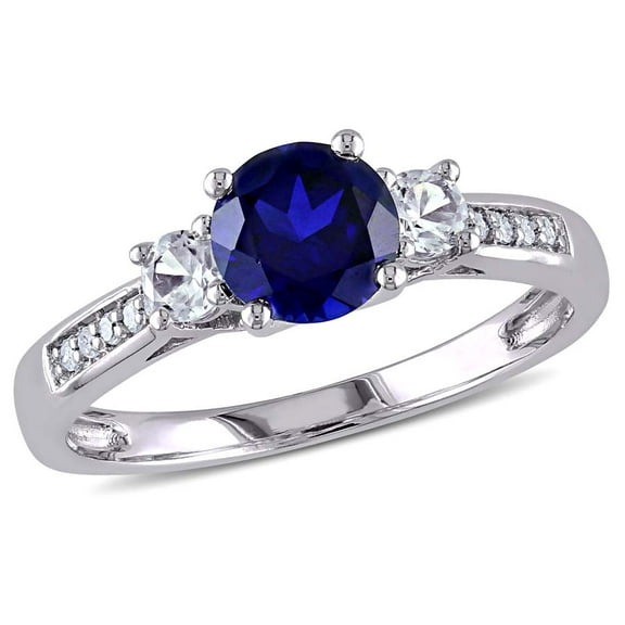AMOUR Created Blue and Created White Sapphire and Diamond 3-sTone Engagement Ring In 10K White Gold