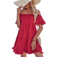 thumbnail image 1 of Women Ruffle Short Sleeve Sexy Off Shoulder A-Line Flare Solid Mini Swing Dress XL, 1 of 4