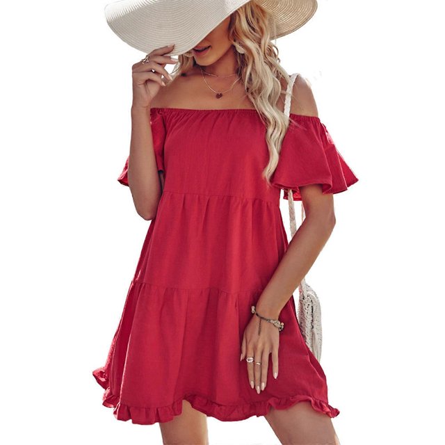 Women Ruffle Short Sleeve Sexy Off Shoulder A-Line Flare Solid Mini Swing Dress XL
