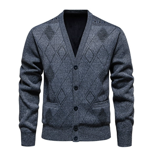 LNWUY Men's Solid Color Button-Front Cardigan with Zipper and Pockets Long-Sleeve Zipper V-Neck Sweater Fall Winter Top Gray XL