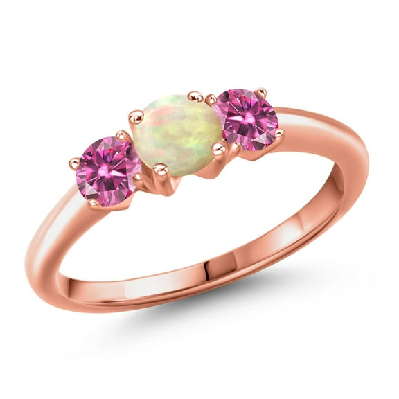 Gem Stone King 18K Rose Gold Plated Silver White Ethiopian Opal and Pink Moissanite Engagement Ring for Women | 0.76 Cttw | Round Cabochon 5MM | Gemstone October Birthstone | Size 5
