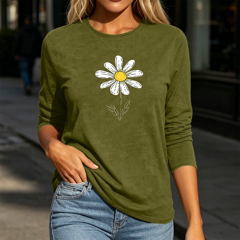 【Holiday】CREW-NECK L/S TOPS (FLOWER) QSAWXQZ Women's Crew Neck Top 3/4 Sleeve Floral Graphic Pullover