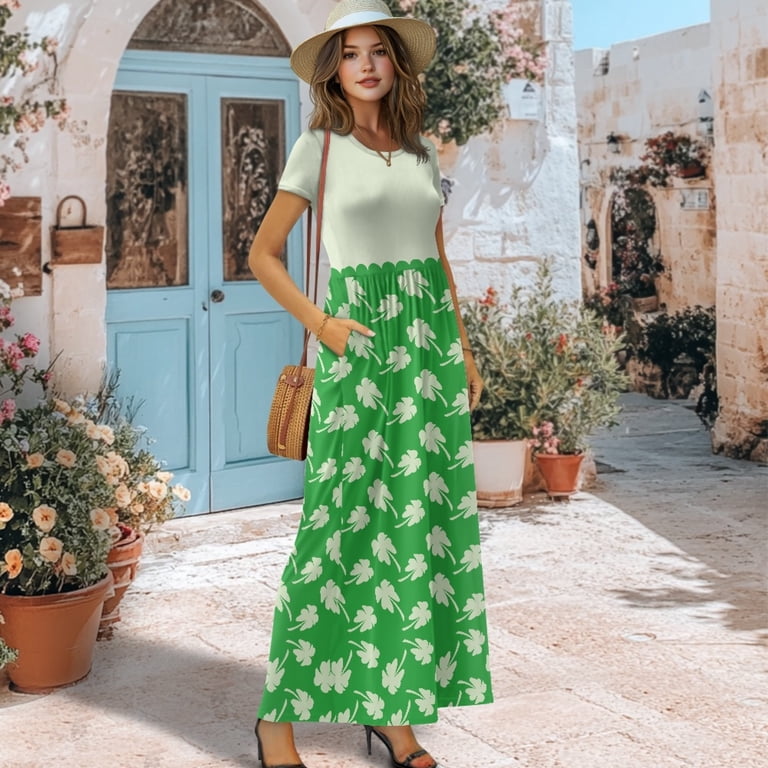 Psesaysky Polyester and Spandex Fabric Women Short Sleeve Maxi Dress for Party Summer Dinner, Stretchy Soft Casual Maxi Dress, Shamrock Pattern