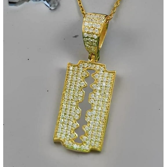 Aishvi Jewels 2Ct Round Cut Real Moissanite Razor Blade Pendant With 18" Chain 14k Yellow Gold Plated 925 Sterling Silver