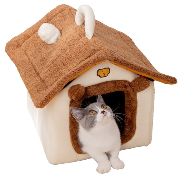 Foldable Calming Cat House Cave,Soft Cloth Velvet Warm Indoor Dog Kennel,Non-Slip Washable Enclosed Small Medium Kitten Puppy Bed With Removable Cushion, Cute Cartoon Pet Hideout, Christmas Pet Gift