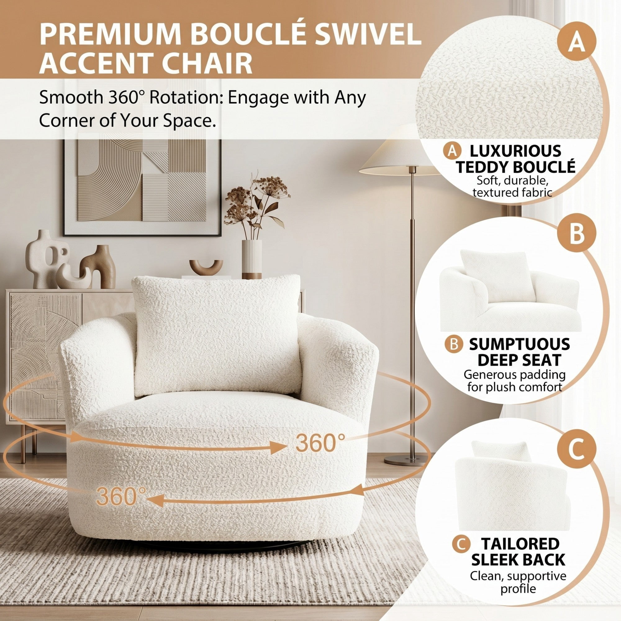Sailvan 38.2" Swivel Accent Chair, Boucle Upholstered 360 Degree Barrel Sofa with Pillow for Living Room Beige