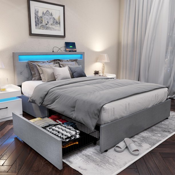 Rolanstar Queen Bed Frame with 2 USB Charging Station and LED Lights