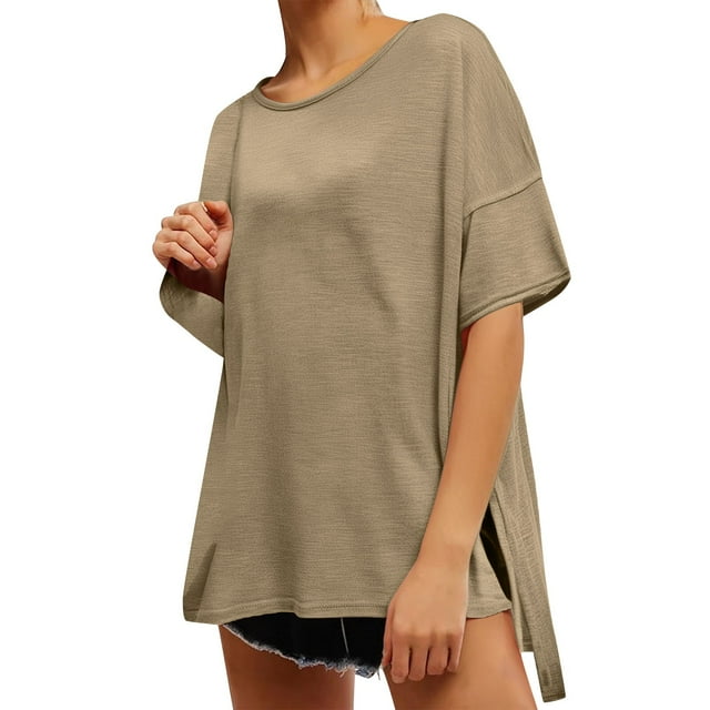 Liquidation sous 7!Sevevn Chemise de Sport à Manches Courtes Col Rond Couleur Unie pour Femmes Offres d'Été Kaki S