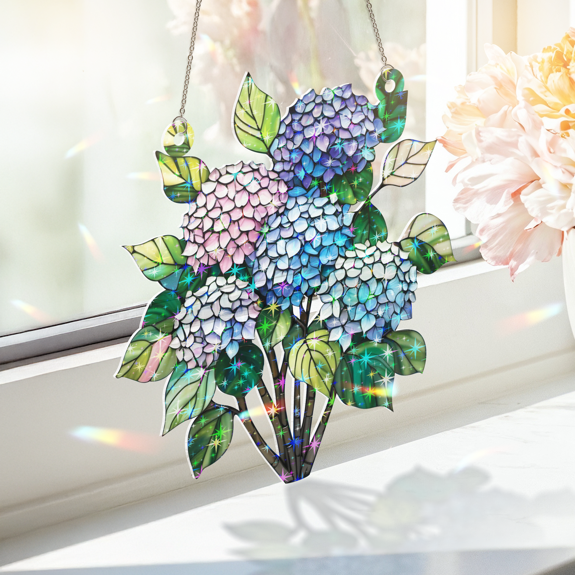 89Bloom Hydrangea Stained Glass Hologram Ornament, Stained Glass