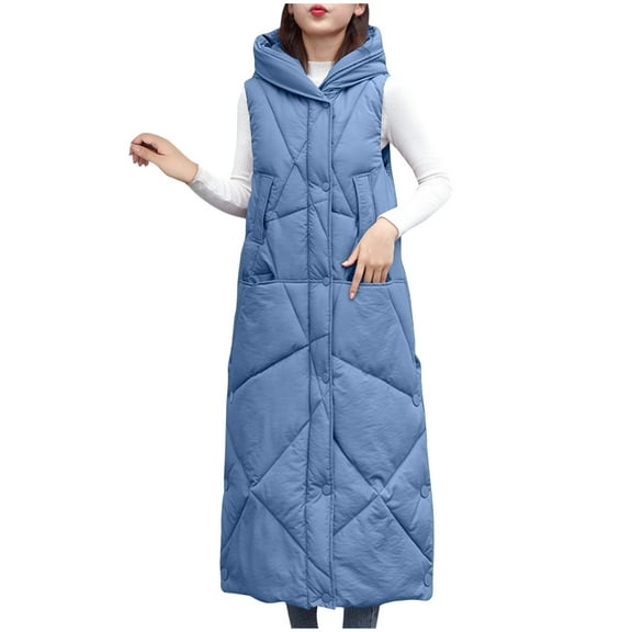 HTNBO Women's Long Puffer Vest Winter Sleeveless Maxi Quilted Padded Coat Full Zip Up Mid Length Hooded Down Jackets