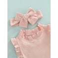 thumbnail image 5 of Kiapeise Newborn Baby Girl Ribbed Outfits Solid Ruffle Sleeveless Romper Shorts Headband Infant Summer Clothes Set, 5 of 9