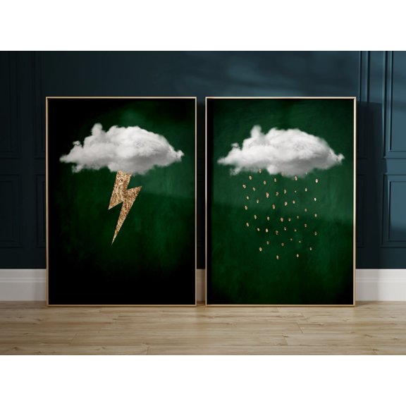 Green Gold Cloud Wall Art Print Set Of 2 With Lightning Rain Decor