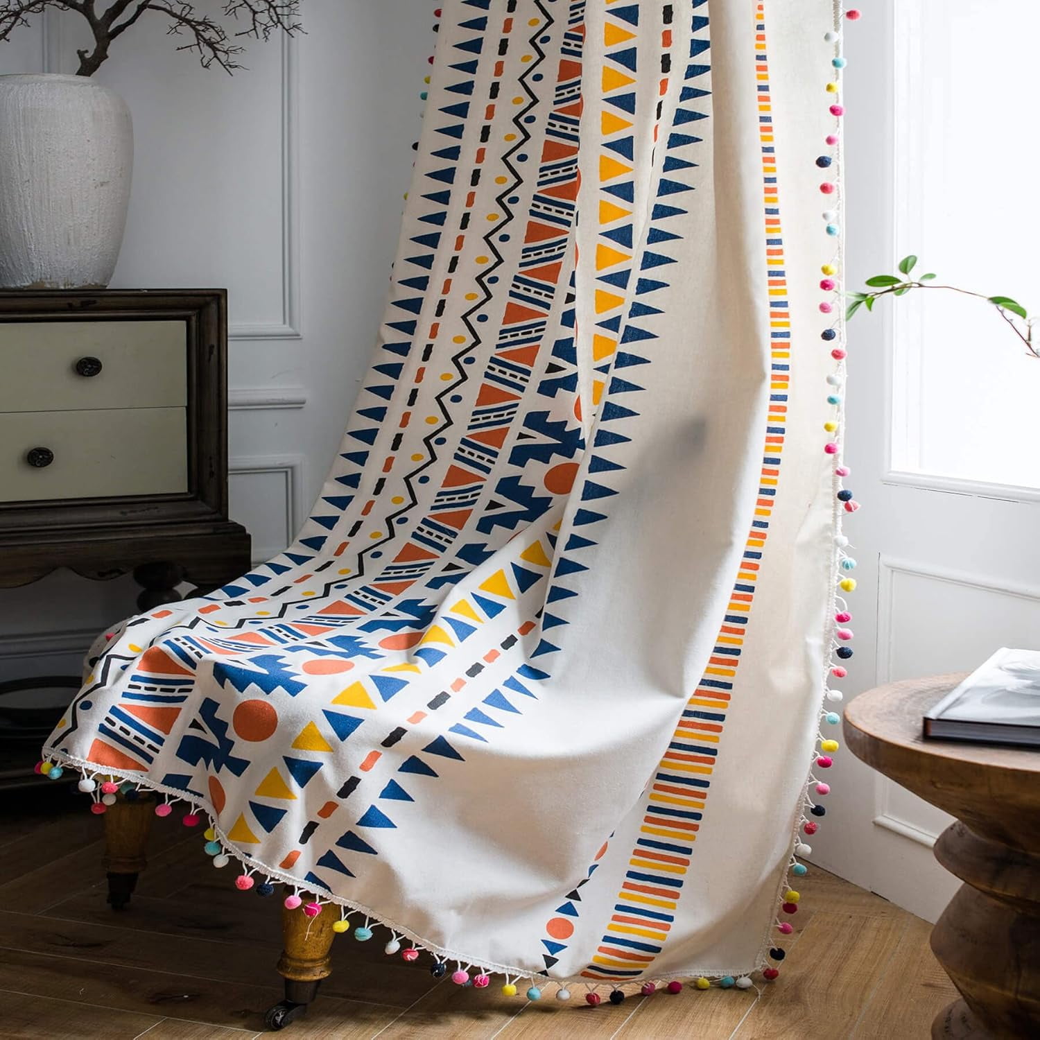 Boho Window Curtain Panel with Tassels Black Striped Geometric Print Country Style Cotton Linen Room Darkening Curtain Panel for Bedroom Living Room Rod Pocket Top