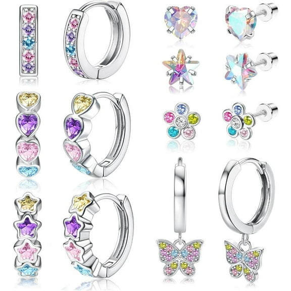 7Pairs Earrings for Women Silvery Stud Hoop Earrings Set Cute Surgical Stainless Steel Hypoallergenic Earrings Heart Butterfly Artificial Screw Back Earrings