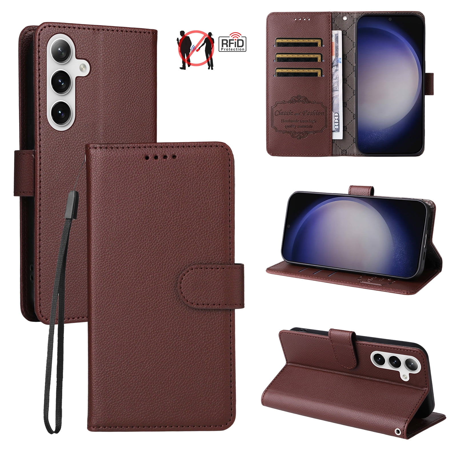 Wallet Case for Samsung Galaxy S24 Premium PU Leather Flip Folio Case with RFID Blocking Card Slots Kickstand Function Wrist Strap Protective Shockproof Phone Case Cover Brown