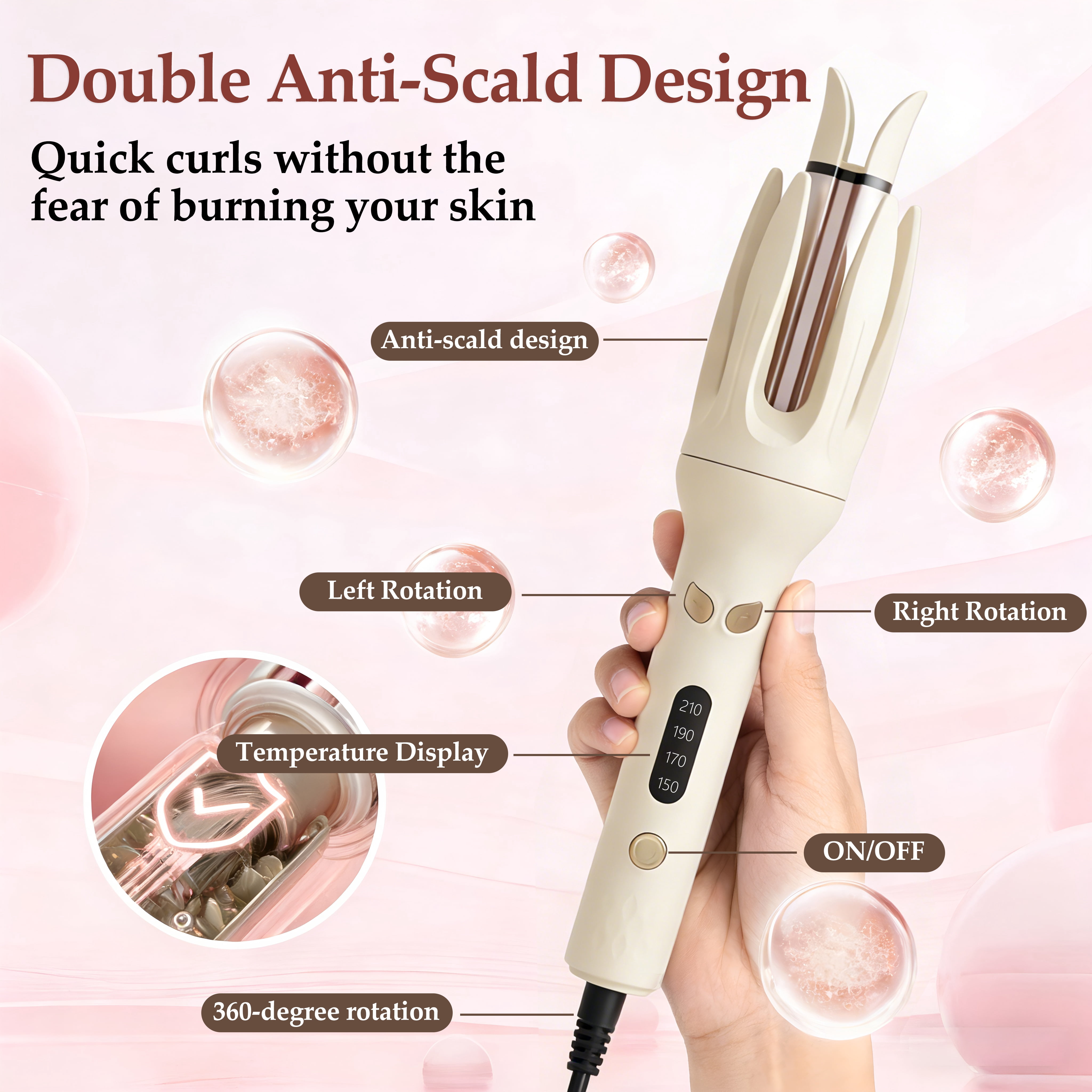 Moremore 1.10 in Automatic Curling Iron, Electric Curling Wand, Anti-Tangle Rotating Ceramic Hair Curler, Negative Ionic, Cream Yellow