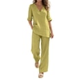 thumbnail image 2 of YABCSAZ Women's Cotton Linen 2-Piece V-Neck Top and Wide Leg Pants Set Casual Summer Outfits Lightweight Breathable Loose Fit Two Piece Set Yellow, Gifts for Women, 2 of 8
