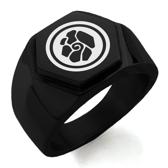 Stainless Steel Earth Element Rune Engraved Hexagon Crest Flat Top Biker Style Polished Ring