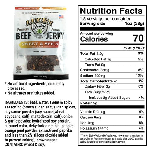 Lucky Beef Jerky Sweet & Spicy Slab Jerky - 1.5oz Bag - 4 Pack - High Protein Snack, Perfect for On-the-Go