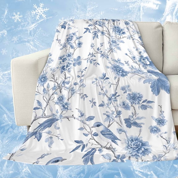 Blue White Spring Floral Cooling Blanket, Lightweight Breathable Summer Throw Blanket with Double Sided Cold Effect, Summer Botanical Birds Picnic Beach Blankets Bed Sheet for Hot Sleepers 30"x40"