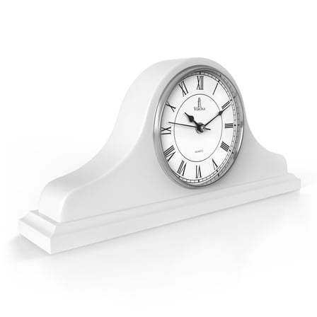 Mantel Clock, White Wooden Mantle Clock for Living Room Décor - Silent, Decorative, Solid Wood, Battery Operated Mantle Clock for Fireplace Mantel, Office, Desk, Shelf & Home Décor Gift, 15x7.5 Inch
