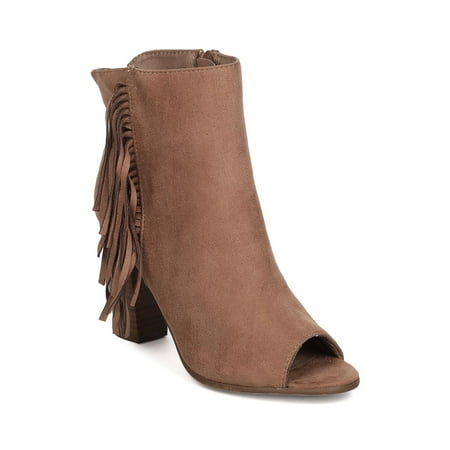 - Women Faux Suede Peep Toe Falling Fringe Chunky Heel Bootie GC51