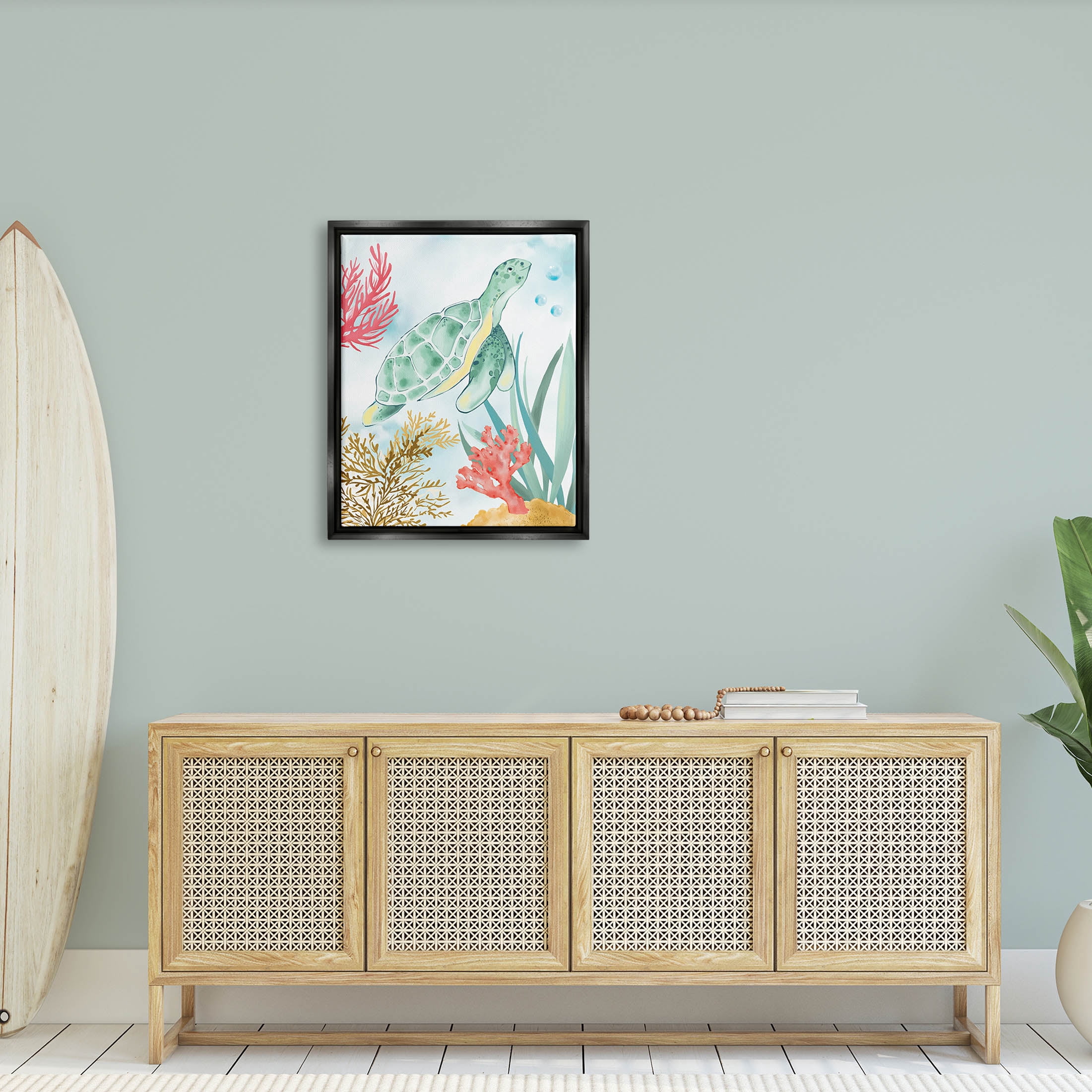 Stupell Industries Turtle Coral Reef Bubbles Graphic Art Jet Black Floating Framed Canvas Print Wall Art, Design by House of Rose