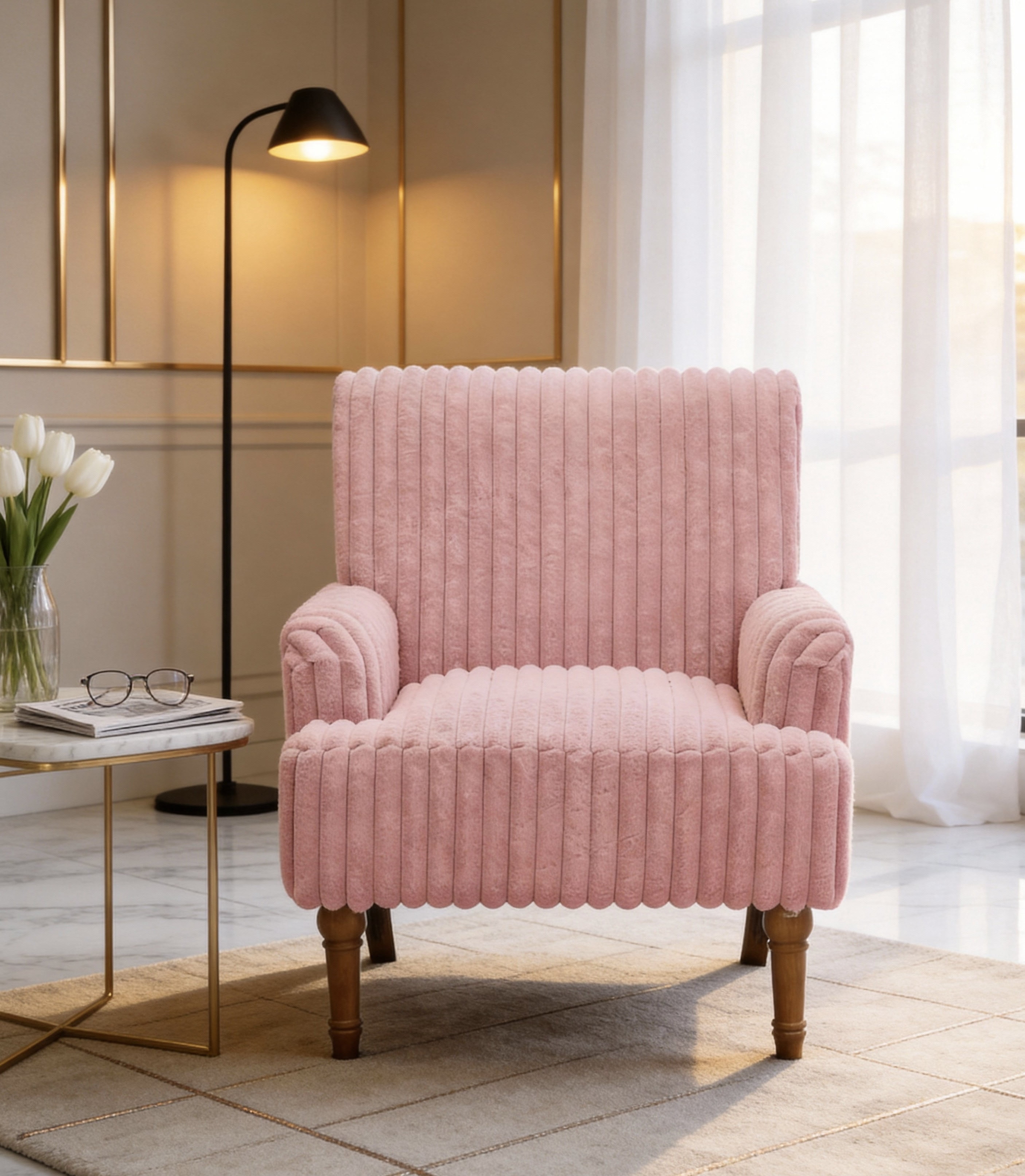 Modern Accent Chair with Wide Wale Corduroy, 9 Inch Solid Wood Legs, Upholstered Armchair with Thick High-Density Foam Cushion for Living Room, Pink