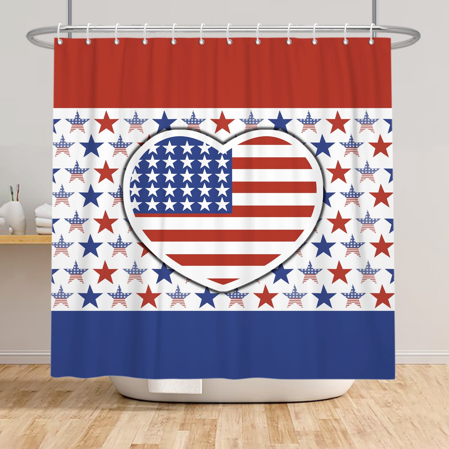 SUNOLIFE 4th of July Shower Curtain,Patriotic Independence Day Fabric Bathroom Curtain with Hooks,72x72 in