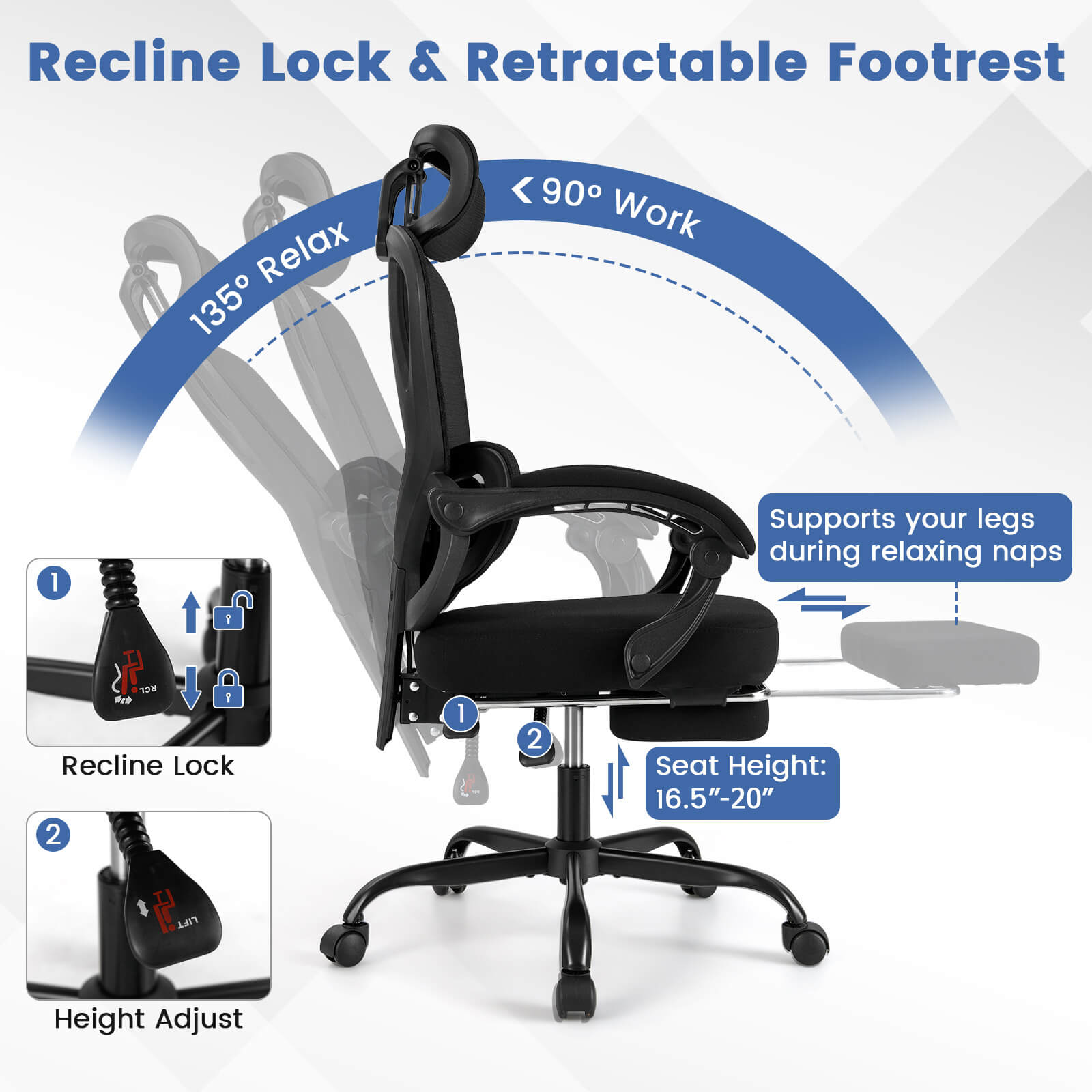 Costway Ergonomic Office Chair with Retractable Footrest & 135° Stepless Tilting Backrest