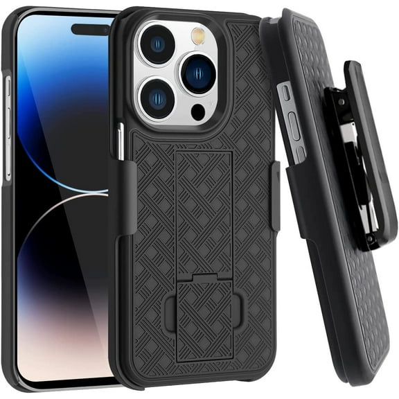 Shell Holster Kickstand Case with Spring Belt Clip for iPhone 15 Pro Max - Black