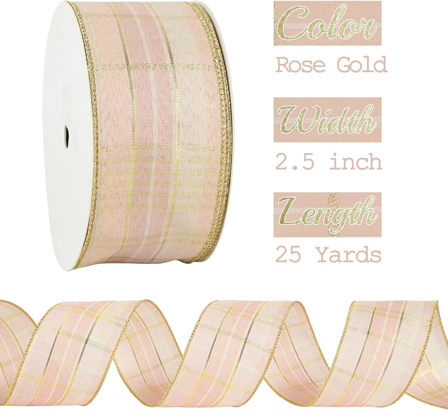 Rose Gold Buffalo Plaid Ribbon - 2.5 Inch Wired Edge Ribbon, 25 Yards - Perfect for Gift Wrapping, Christmas Tree Garland, Wreaths & Bows