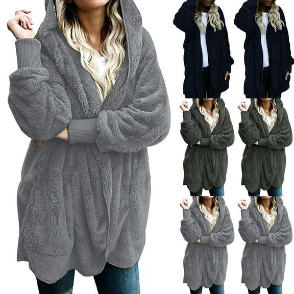 Idoravan Winter Cardigan Sweater Coat Sales Clearance Women's Oversized Open Front Hooded Draped Pockets Cardigan Coat Army Green