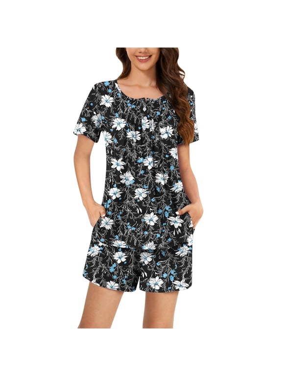 Chic Floral Sleepwear Pajamas Set: Women's Round Neck Button Top & Shorts Set Cozy, Stylish, & Perfect for Sleep Loungewear S-3X