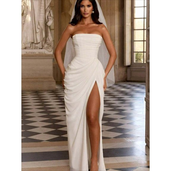 White Strapless Maxi Dress With High Slit And Ruched Bodice