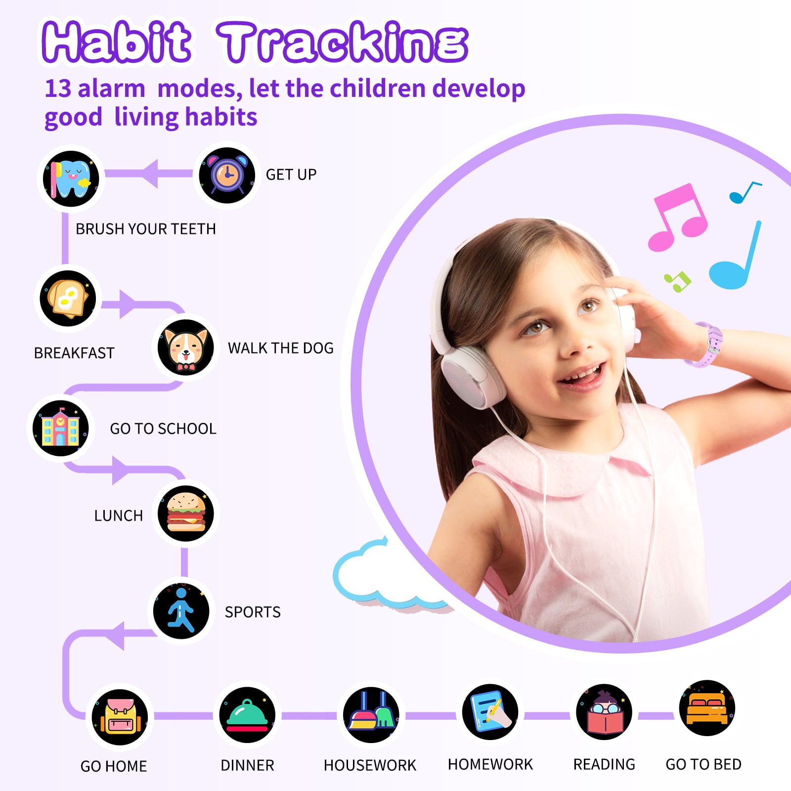 Vakzovy 1.54" Smart Watch for Girls Smart Watch for Kids with Camera Games Pedometer Video MP3 Flashlights Calculator Alarm Clock Children Touch Screen Purple