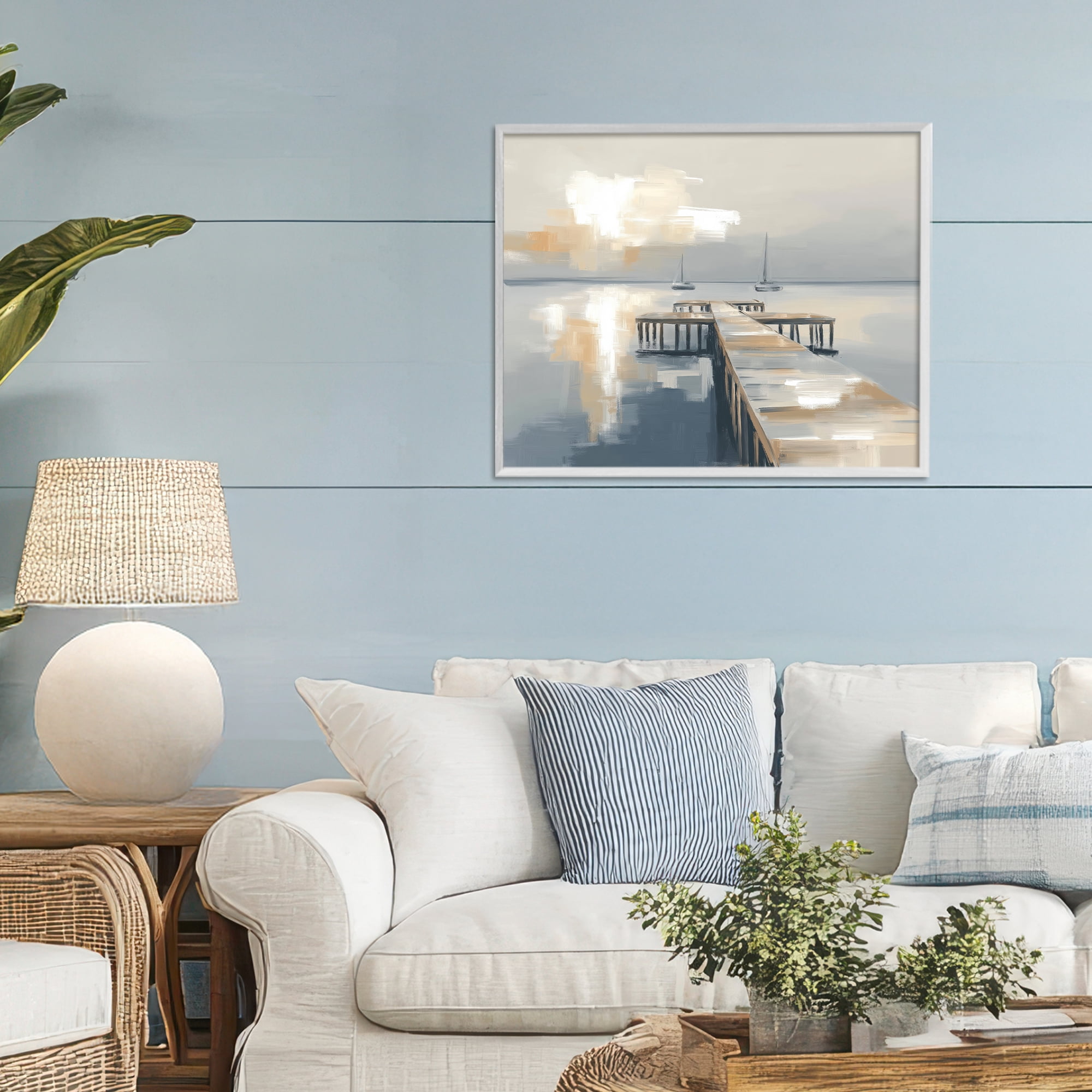 Stupell Industries Pier with Two Boats Seascape White Framed Giclee Art, design by Kim Curinga