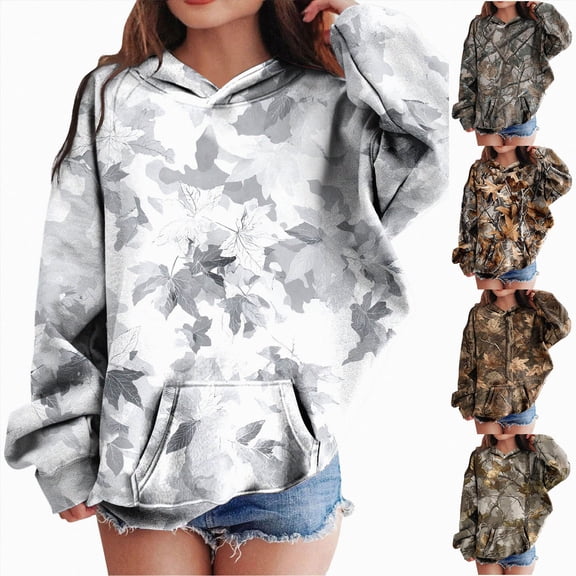 Xudanell Camo Hoodies for Teen Girls Long Sleeve Oversized Sweatshirts Camouflage Print Tops Trendy Tween Girl Winter Outfits(Grey,7-8)