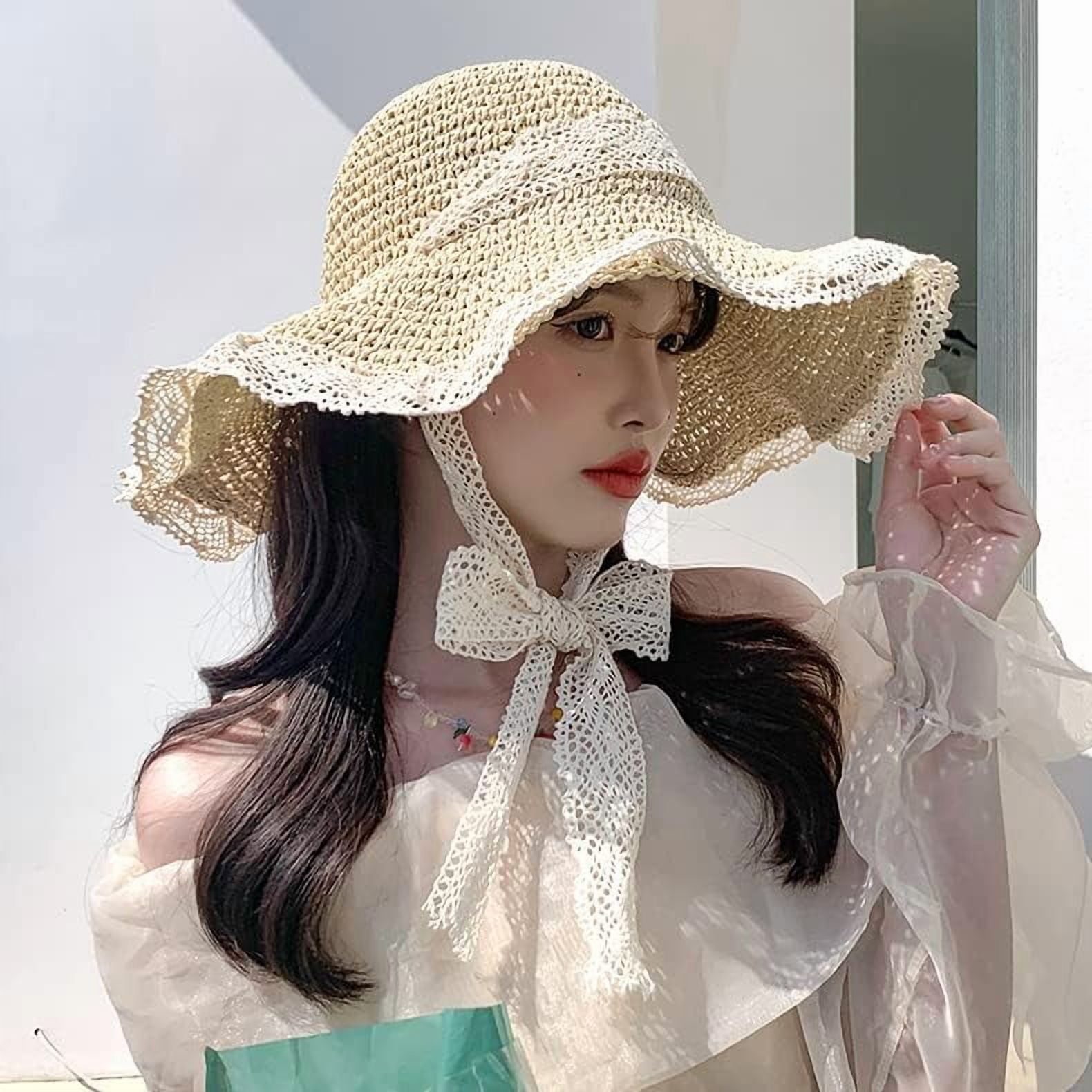 CoCoMangos Women Sun Hat Wide Brim Straw Hat with Lace Ribbon
