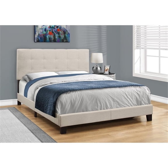 Pemberly Row Queen Platform Bed Frame Upholstered in Beige Linen Look