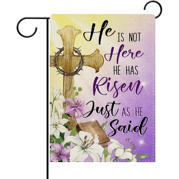 diyeu Christian Easter He Has Risen Decorative Garden Flag, Religious Cross Lily Flower Gradient Pastel Yard Outside Home Decorations, Spring Bible Burlap Outdoor Small Decor Double Sided 12 x 18