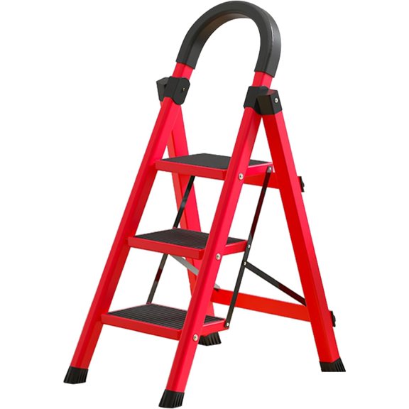 3 Step Ladder, 3 Step Folding Step Stool, Ladders for Home, Step Stools for Adults, with Anti-Slip Wide Pedal & Convenient Handgrip for Home, Office, Garage, Red