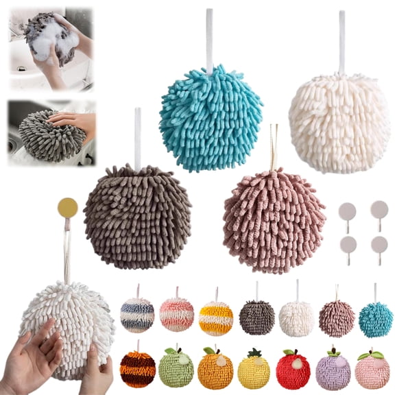 MATN Absorbent Hanging Hand Towel Ball: Quick-Dry Chenille Plush Towel, 6.7in Fuzzy Ball Hand Towel Puff Ball, Soft & Ultra-Absorbent, Wipe Hands Towels Ball for Kitchen & Bathroom (D)