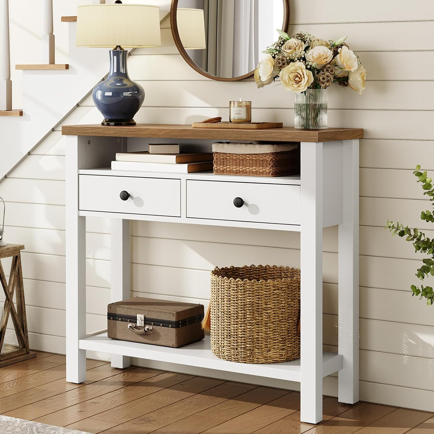 HOOBRO Farmhouse Entryway Table with 2 Drawers, White and Walnut