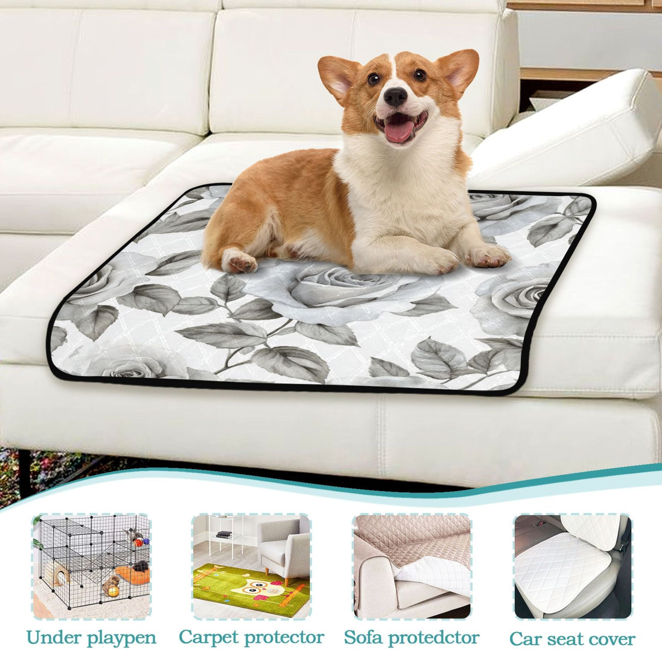 Qxltty Rose Pattern in Gray and White Tones Cat litter Pads Pet Set of 2 Diaper Mats Center Anti-leakage Layer Absorbent Soft and Comfortable