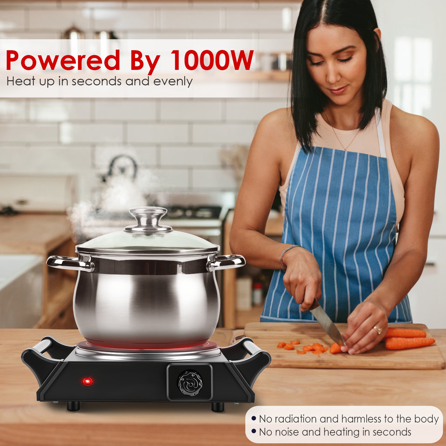 1000W Portable Electric Hot Plate with Adjustable Temperature, Handles, for Home, RV, or Countertop Cooking