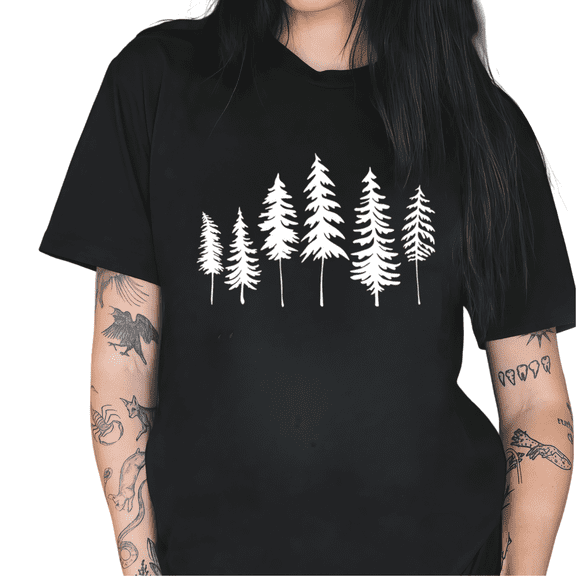 Cozymy Women's Minimalist Pine Tree Graphic Short Sleeve T-Shirt Casual Crewneck Nature Inspired Cotton Top