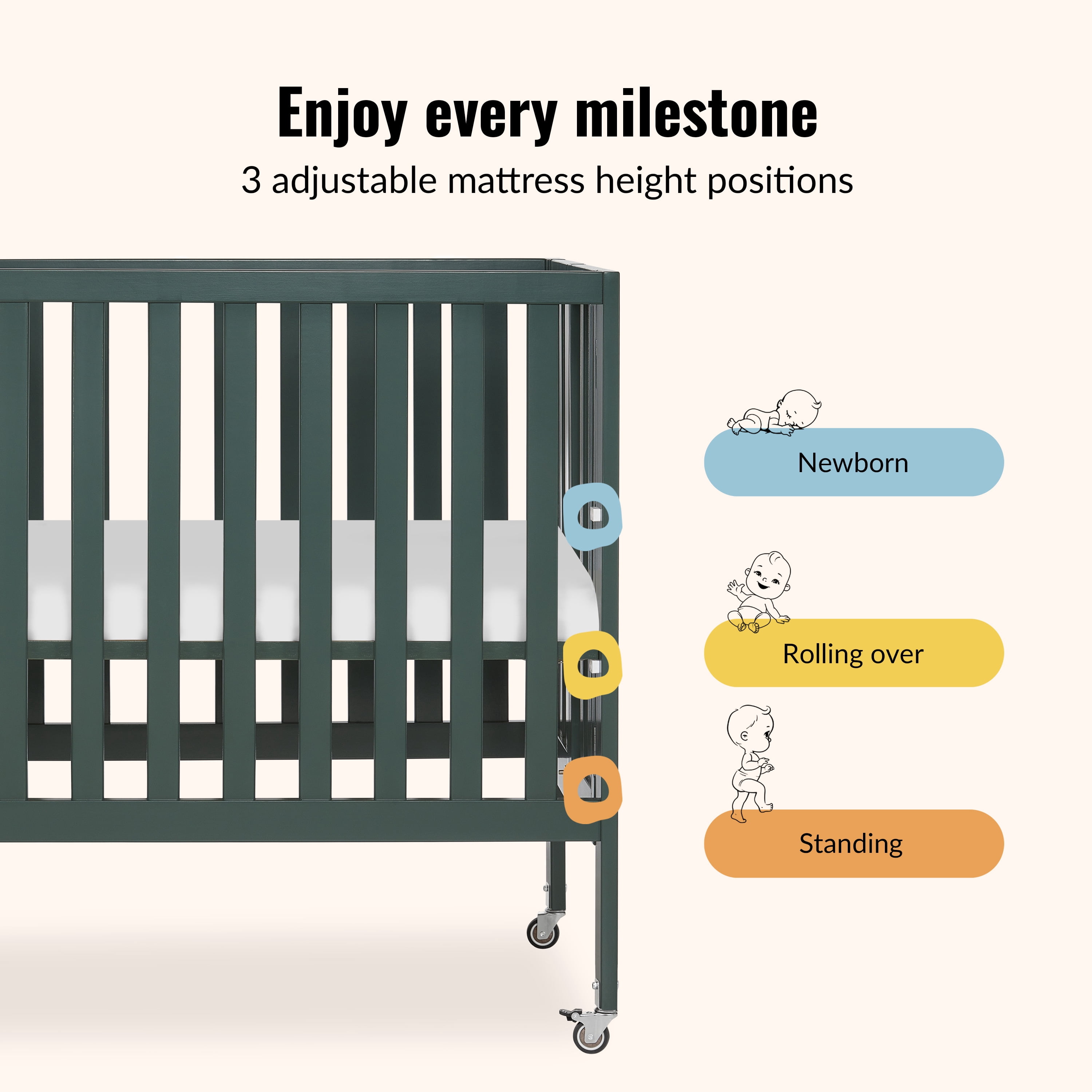 Dream On Me Jett Non-Full Size Folding Crib, Removable Wheels, Modern Nursey, Adjustable Mattress Support, Patent Folding System, Included 2.5” Mattress In Olive