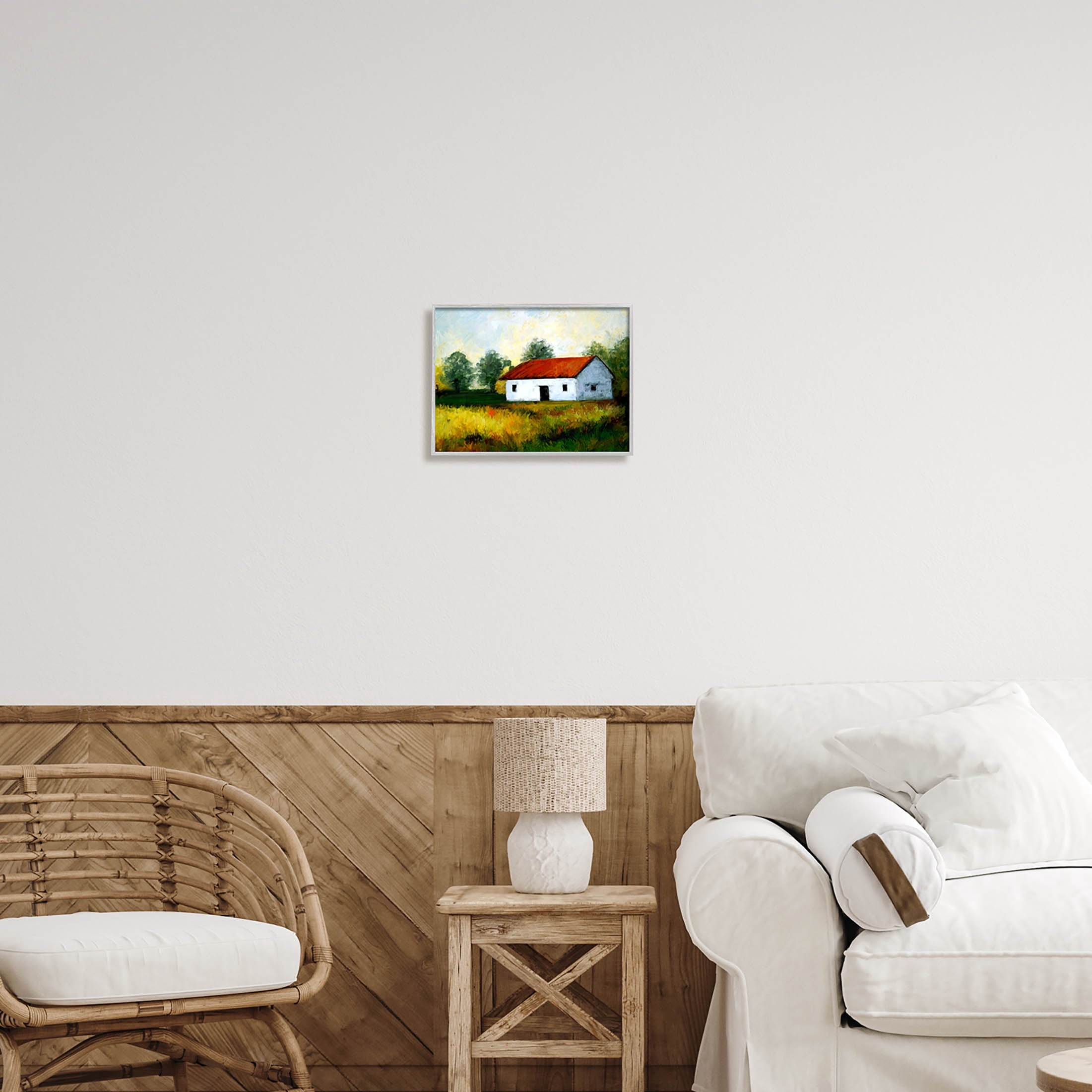 Stupell Industries Countryside Meadow Cottage Landscape Painting Gray Framed Art Print Wall Art, Design by Ziwei Li